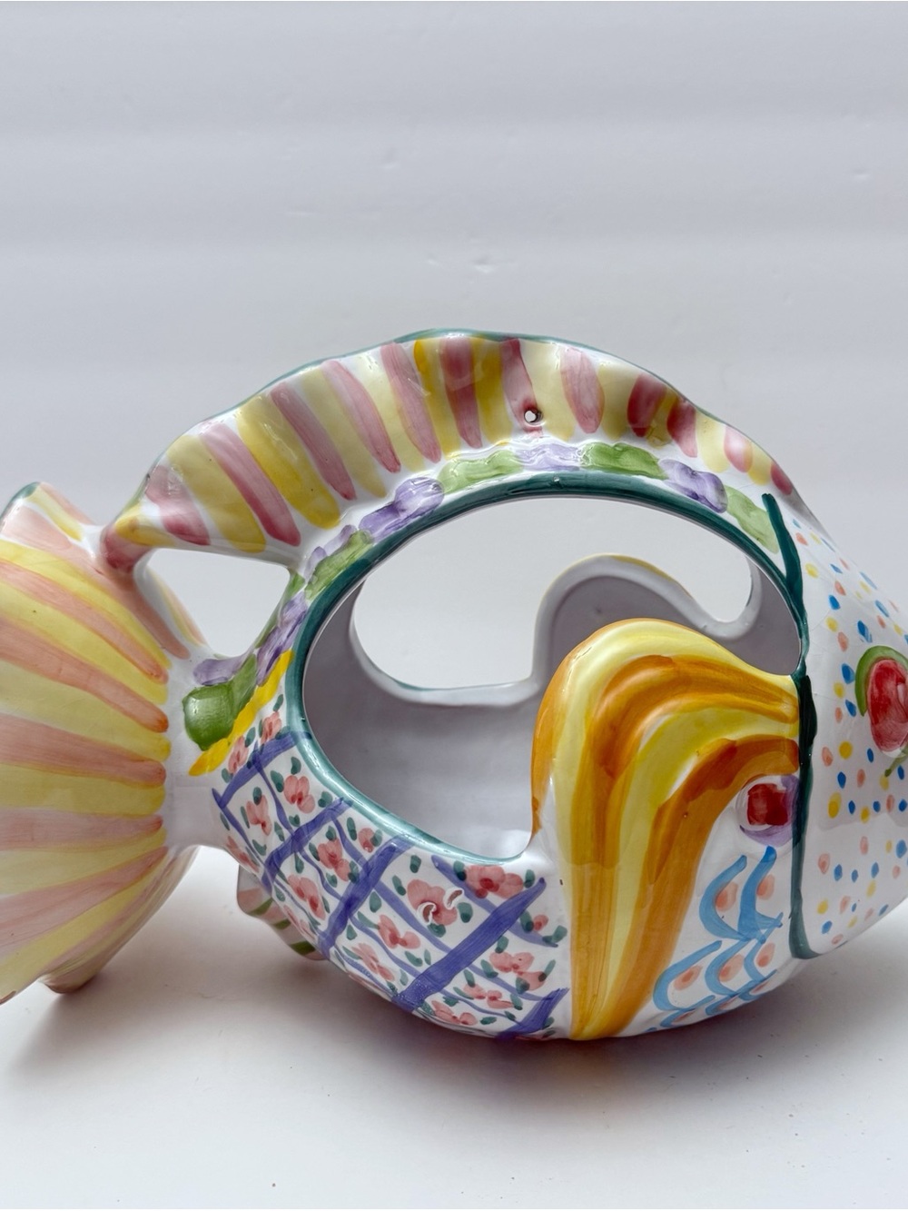 Vintage Whimsical Colorful Hanging Fish Planter Ceramic Mackenzie Childs Style - Picture 4 of 14